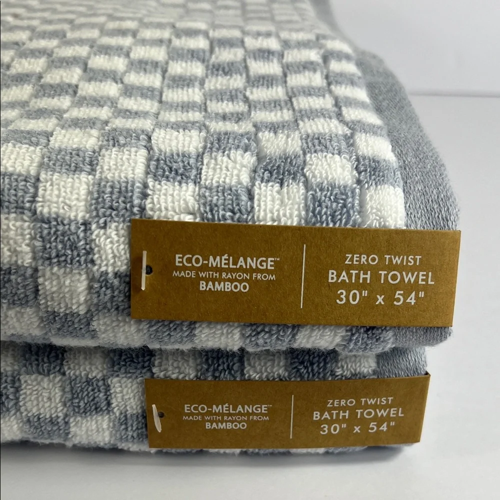 Common Thread Bamboo Bath Towels Blue White Check Print Cotton Set of 2 NEW